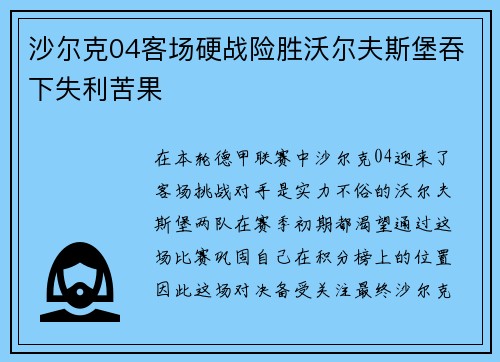 沙尔克04客场硬战险胜沃尔夫斯堡吞下失利苦果